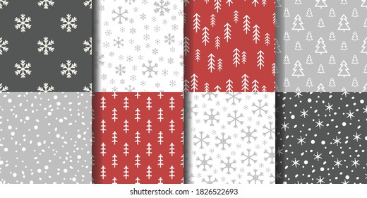 Set of seamless winter patterns with snowflakes and fir trees. Vector illustration.