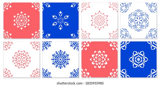 A set of seamless winter patterns with snowflakes. Design for Christmas packaging or fabrics. Items for the design of cold or frozen foods and drinks. Stock vector illustration.