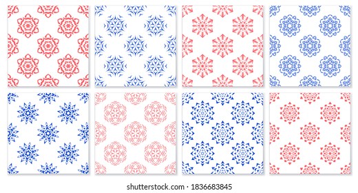 A set of seamless winter patterns with snowflakes. Design for Christmas packaging or fabrics. Items for the design of cold or frozen foods and drinks. Stock vector illustration.