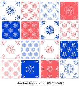 A set of seamless winter patterns with snowflakes. Design for Christmas packaging or fabrics. Items for the design of cold or frozen foods and drinks. Stock vector illustration.