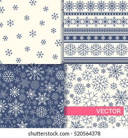 Set of seamless winter patterns with snowflakes. Vector flat design.