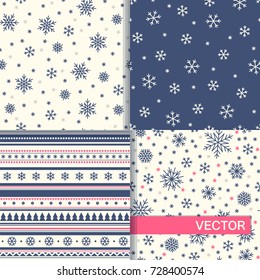 Set Of Seamless Winter Patterns With Snowflakes. Vector Flat Design.