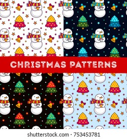Set of seamless winter patterns with snowmen and christmas trees for wrapping paper, textile, fabric, wallpapers, card. Cute cartoon style. Vector illustration.