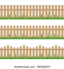 Set of seamless wooden fence and grass different types isolated on white background. Vector illustration in flat style. EPS 10. 