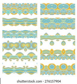 Set of seamless woven ribbons, border ornaments on white background