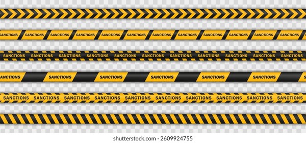 Set of seamless yellow and black striped warning lines, barrier tapes with SANCTIONS text. Barricade ribbons for political restrictions and international penalties. Isolated on transparent background