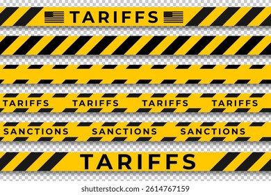 Set of seamless yellow and black striped warning tapes, words Tariffs and Sanctions, including tape with USA flag isolated on transparent background. For trade restrictions and economic policy
