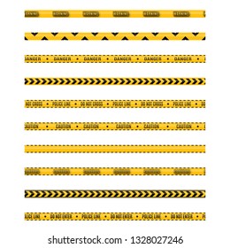 Set of seamless yellow and black warning tapes with text do not cross, warning, caution. Isolated on white background. Design elements for reconstruction, vector illustration.