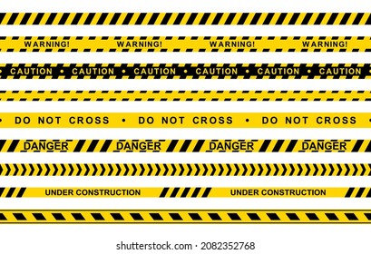 El conjunto de cintas de advertencia amarillas y negras sin inconvenientes con texto no cruza, advierte, advierte aislado en fondo blanco. Línea de aislamiento policial, señales de peligro. Cinta de construcción de barricadas. Vector