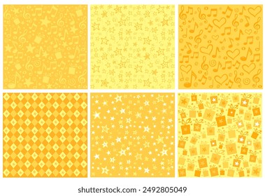 Set of seamless yellow patterns. Abstract geometric floral textures. Spring summer decor. Simple cute pattern design for babies, kids. Perfect for textile, wallpaper or print design,  greetings card