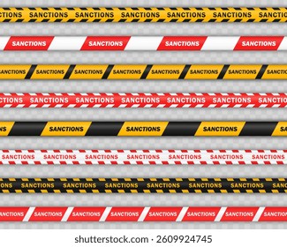 Set of seamless yellow and red striped warning lines, barrier tapes with SANCTIONS text. Barricade ribbons for political restrictions and international penalties. Isolated on transparent background