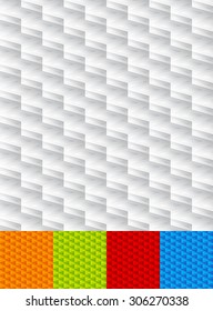 Set of seamlessly repeatable geometric patterns, orange, blue, green, red backgrounds.