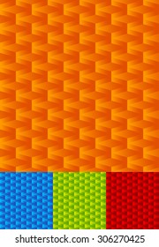 Set of seamlessly repeatable geometric patterns, orange, blue, green and red backgrounds.