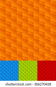 Set of seamlessly repeatable geometric patterns, orange, blue, green and red backgrounds.