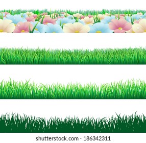 A Set Of Seamlessly Tilable Grass And Flower Footer Deign Elements