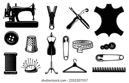 Set of seamstress equipment silhouette isolated on white background