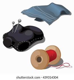 Set seamstress. Fabric, pincushion and red thread isolated on white background. Vector illustration.
