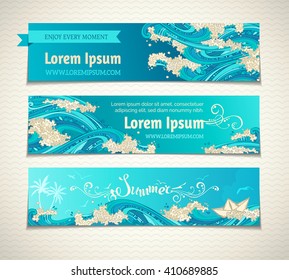 Set of sea/ocean horizontal banners. Vector bright decorative illustration. Hand-written lettering. There is place for text on blue background. 
