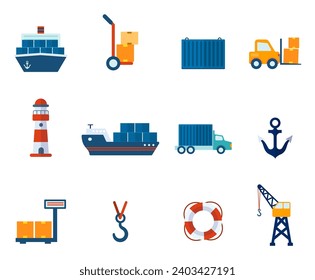 Set of seaport icons. Cartoon scene of icons of cargo loading and unloading in the port of goods: cargo ship, trolley, lighthouse, cargo car, anchor