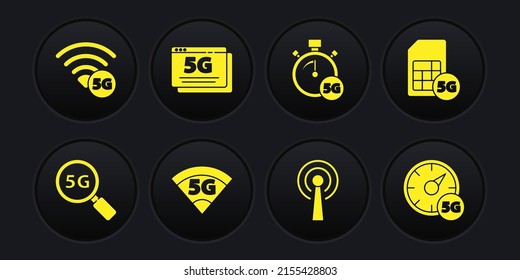 Stellen Sie das 5G-Netzwerk, die Sim Card, die Antenne, die digitale Geschwindigkeitsmesser und das Symbol ein. Vektorgrafik