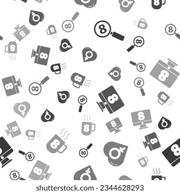 Set Search 8 March, Female gender in heart, 8 March on monitore and Coffee cup with 8 March on seamless pattern. Vector