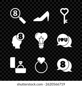 Set Search 8 March, Woman shoe, Key in heart shape, Diamond engagement ring, Wedding rings, speech bubble, human head and Heart light bulb icon. Vector - Powered by Shutterstock - Get 15% off with code: PIKWIZARD15