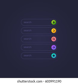 Set of search bar boxes. UI interface template isolated on dark background. Vector design element.