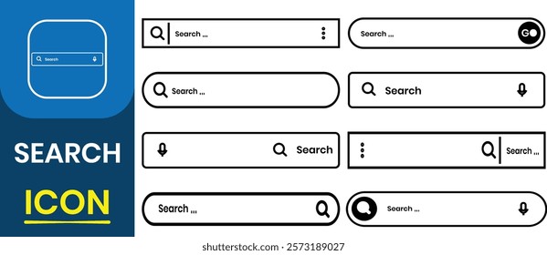 Set of Search bar icon. Search button icon for web design, app, software, interface design. Address, navigation bar icon, browser, UI, microphone icon for voice search. Websites Vector illustration.