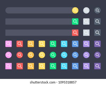 Set of search bar icons in different colors and geometric shapes and a search string. Vector Icons