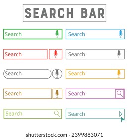 Set search bar icons. Website ui bar set. Searching element for web site, app, ui and logo. Vector search shape with button for website navigation.