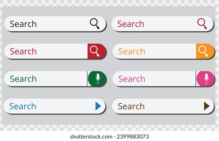 Set search bar icons. Website ui bar set. Searching element for web site, app, ui and logo. Vector search shape with button for website navigation.