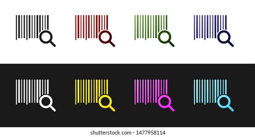 Set Search barcode icon isolated on black and white background. Magnifying glass searching barcode. Barcode label sticker. Research barcode.  Vector Illustration