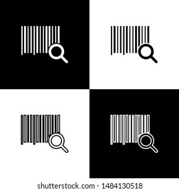 Set Search barcode icon isolated on black and white background. Magnifying glass searching barcode. Barcode label sticker. Research barcode.  Vector Illustration