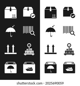Set Search barcode, Umbrella and rain drops, Cardboard box with traffic, Package check mark, This side up, Scale cardboard, Cargo ship boxes and Delivery package umbrella icon. Vector