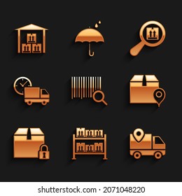 Set Search barcode, Warehouse, Delivery tracking, Location with cardboard box, Locked package, truck and clock,  and  icon. Vector