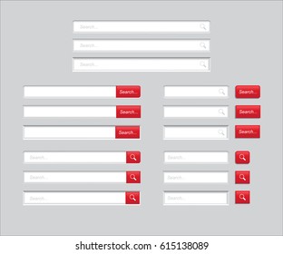 Set of Search bars isolated on grey background. Vector template for internet searching. Web-surfing interface with red buttons.
