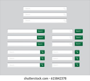 Set of Search bars isolated on grey background. Vector template for internet searching. Web-surfing interface with green buttons.