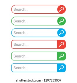 Set of search bars, template for internet searching. Web search field. Red, green and blue colors. Vector illustration
