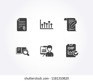 Set of Search book, Attachment and Growth chart icons. Presentation, Feather and Report checklist signs. Online education, Attach file, Upper arrows. Education board, Copyright page, Sales growth file