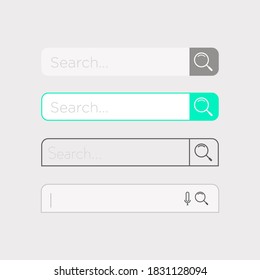 Set of search boxes ui template. Modern Search bar element. Vector isolated on background. Microphone. Sound. Phone search bar. Internet finding form with button and link. Website UI. 