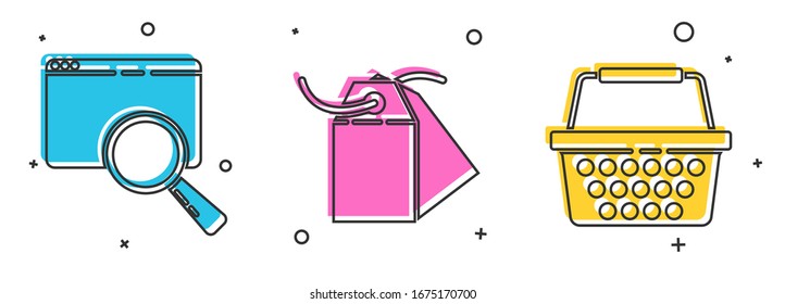 Establecer búsqueda en una ventana del explorador, etiqueta en blanco, etiqueta de precio de plantilla e icono de cesta de compras. Vector