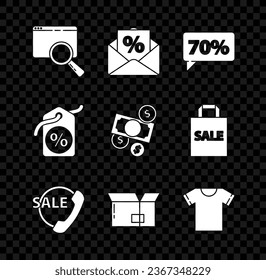 Set Search in a browser window, Envelope with an interest discount, Seventy percent tag, Telephone 24 hours support, Carton cardboard box, T-shirt, Discount and Money cash and coin icon. Vector