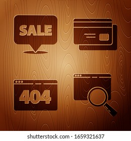 Establecer la búsqueda en una ventana del navegador, el signo de Colgar con Venta, Página con un error 404 y tarjeta de crédito en fondo de madera. Vector