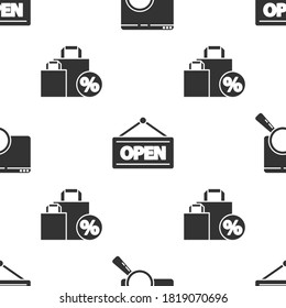 Set Search in a browser window, Hanging sign with Open and Shoping bag with discount on seamless pattern. Vector