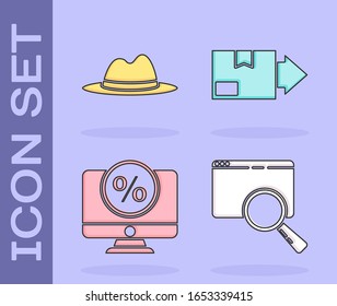 Set Search in a browser window, Man hat with ribbon, Percent discount and monitor and Carton cardboard box icon. Vector