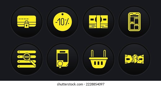 Establecer búsqueda en una ventana del navegador, compras en línea por teléfono, plantilla de certificado, cesta de compras, pila dinero en papel, etiqueta de diez por ciento de descuento, arruinado y tarjeta de crédito con icono de bloqueo. Vector