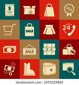 Set Search in a browser window, Shoping bag with discount, Telephone 24 hours support, Paper shopping, Sale, Shopping cart, check and financial check and Skirt icon. Vector