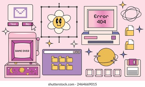 Set of Search browser windows in retro style y2k. 2000s design. Aesthetic nostalgia. Vaporwave. Collage of trendy element. Psychedelic and hippie. Desktop and PC. Pixel art geek. Screen social media. 
