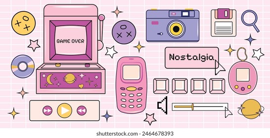 Set of Search browser windows in retro style y2k. 2000s Collage of trendy elements. Old push-button telephone, game, slot machine, disks, buttons, floppy disk. Psychedelic and hippie. Desktop and PC. 