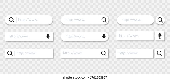 Set of search button. UI elements on transparent background. Vector template for browsers with search bar and text field. Modern menu for sites and apps.
